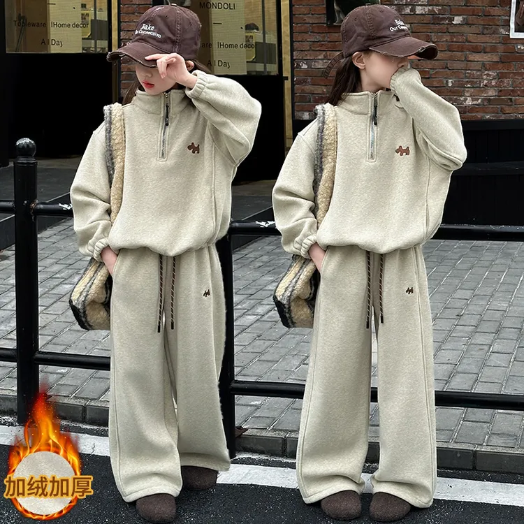 女童加绒套装秋冬装新款洋气儿童加厚卫衣中大童休闲阔腿裤两件套