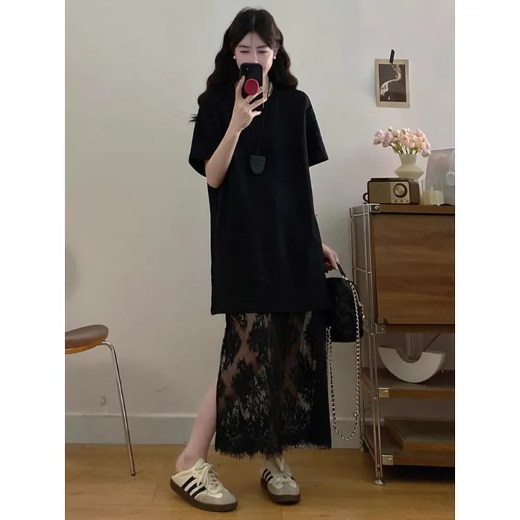 高级感中长款短袖恤蕾丝半身裙两件套女夏大码时尚气质显瘦套装