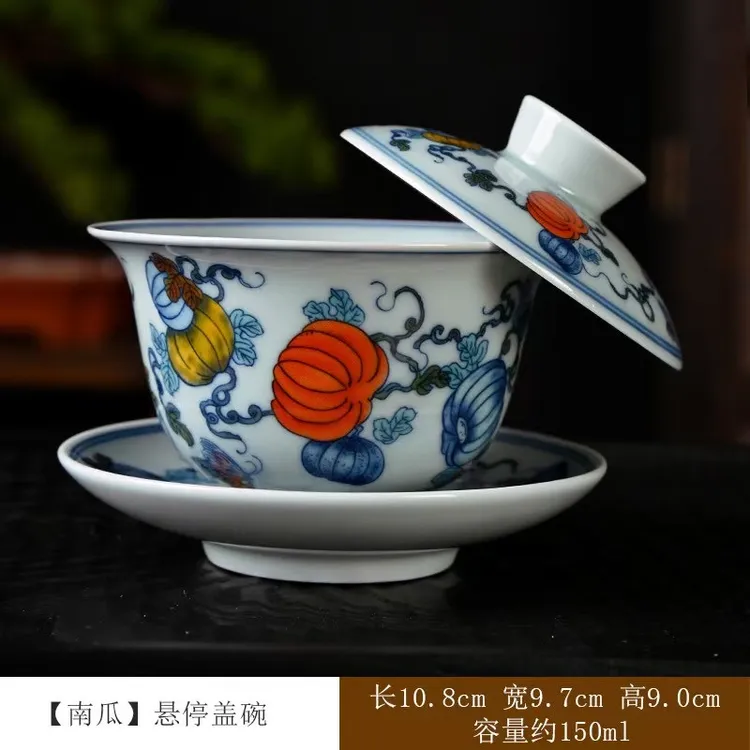 复古青花盖碗茶具个人茶杯泡茶器陶瓷水盖茶盖碗家用三才盖碗