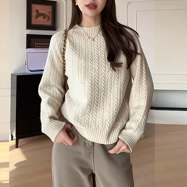 韩系麻花圆领套头毛衣女秋冬季慵懒风高级感厚内搭长袖针织衫上衣