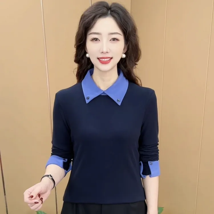 秋冬新款时尚翻领拼色双面绒保暖打底衫休闲气质百搭妈妈装K5697