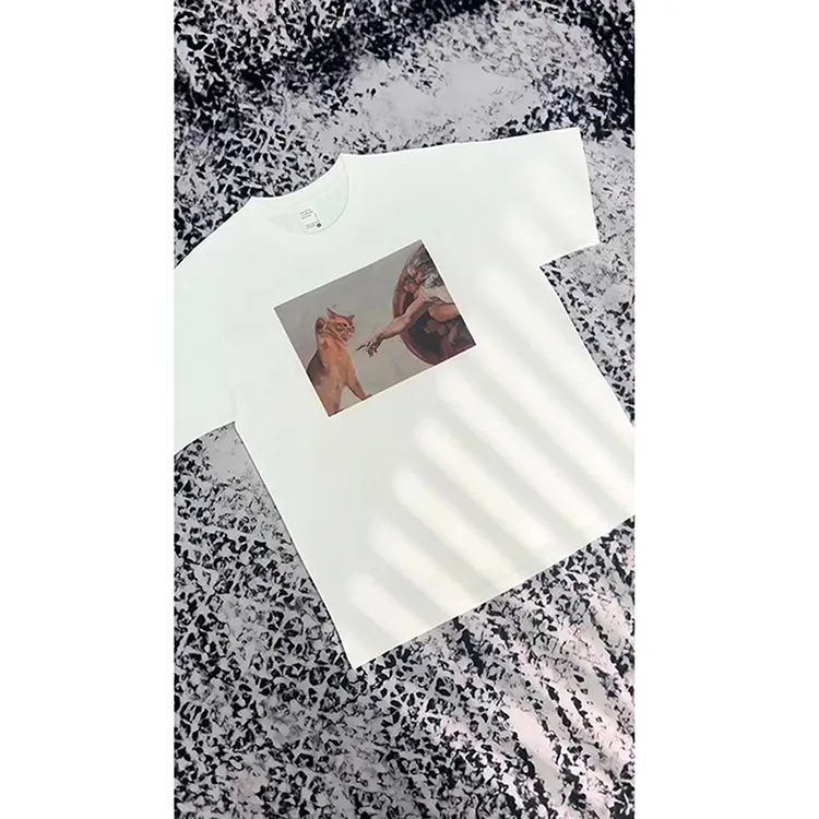 【莫挨老子】白色小猫印花短袖男夏季透气防晒t恤美式宽松半截袖