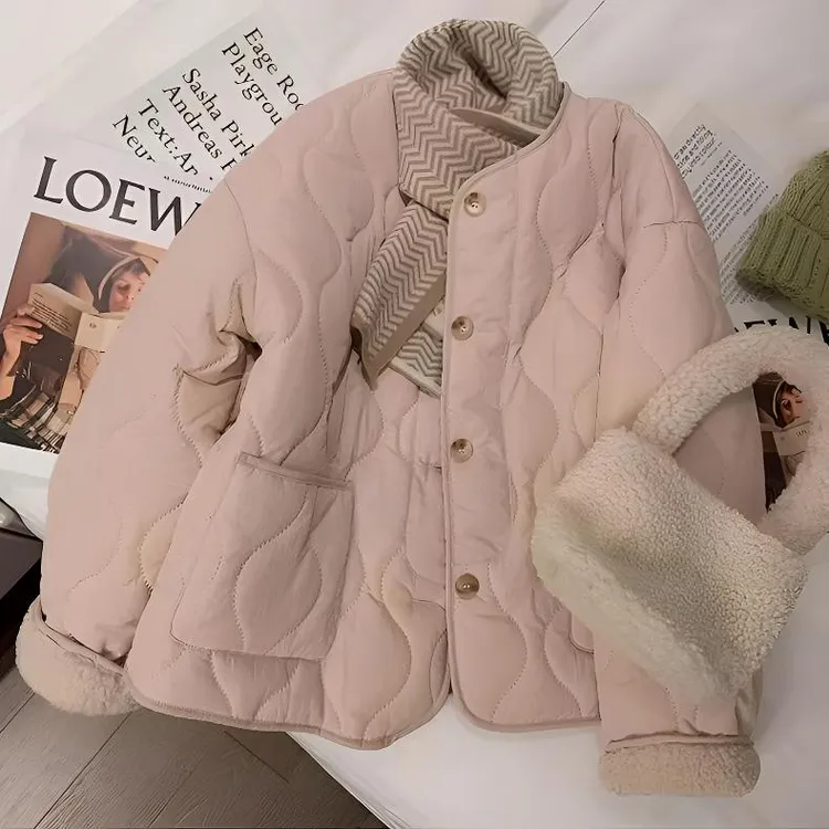 韩版复古粉色仿羊羔毛棉服外套女冬季新款加绒短款棉衣保暖棉袄