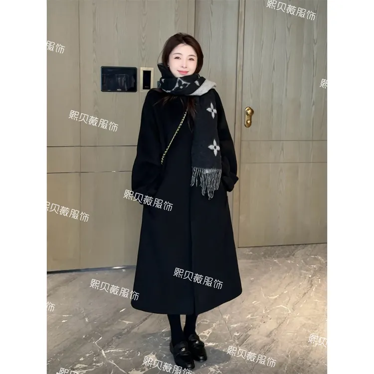 熙贝薇5【赫本大衣】冬季全羊毛立领单排扣长款毛呢大衣外套 G5557