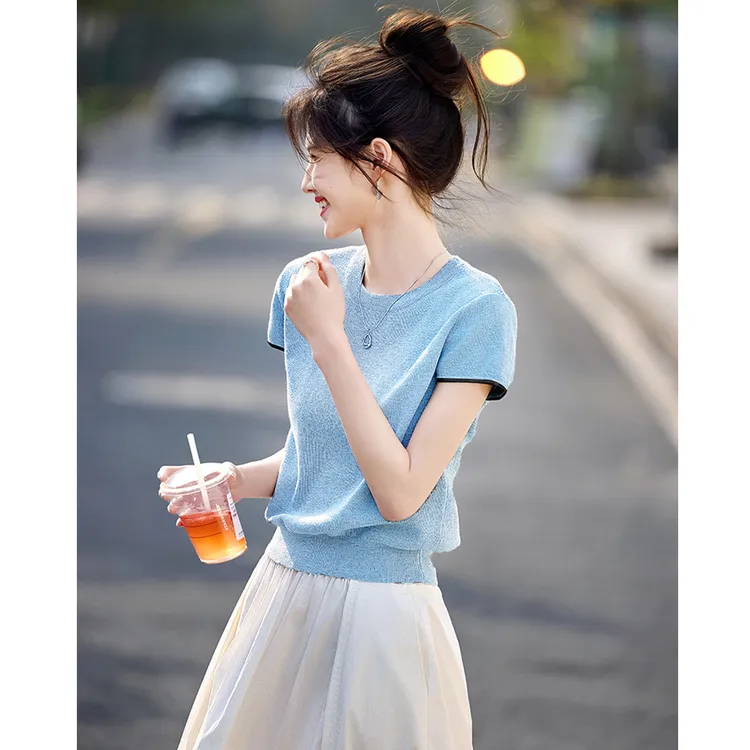 尚静文艺风拼接撞色圆领短袖针织衫2025夏季新款时尚休闲百搭减龄