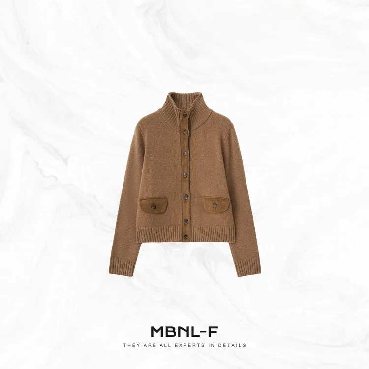 MBNL-F“麂皮浅卡” 100%澳洲进口绵羊毛拼皮开衫 秦磊XM-XKS6155