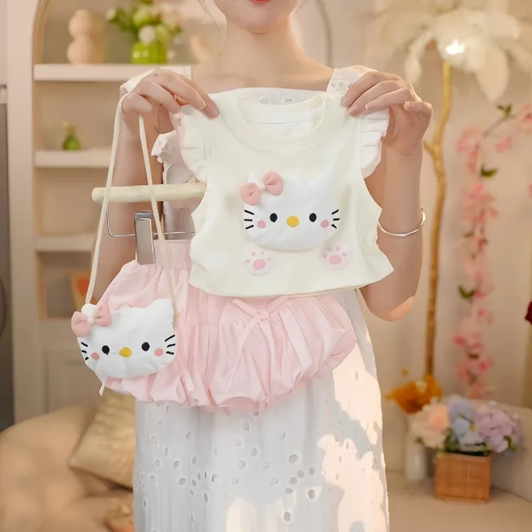 2025年夏季新款女童可爱飞袖儿童粉色公主甜美猫咪套装TZ2508