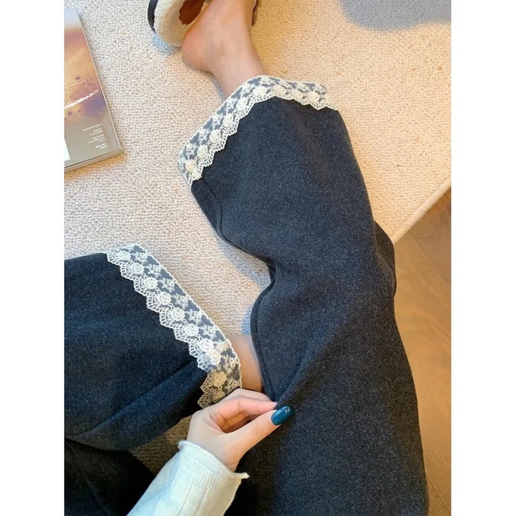 深灰色花边拼接毛呢休闲裤女2025秋冬新款高级感宽松显瘦阔腿裤子