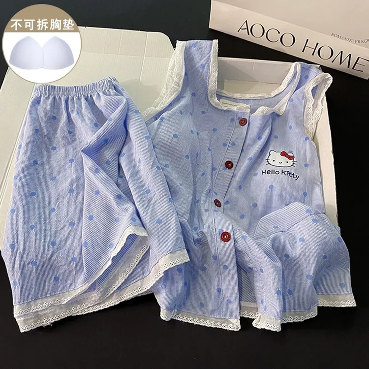 睡衣女夏季带胸垫坎肩短裤套装卡通凯蒂猫可外穿婴儿蓝家居服套装
