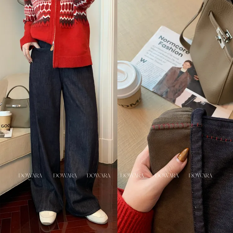 现货大婉酱微胖定制【加绒丹宁牛仔】美式复古直筒高腰牛仔裤 0457D