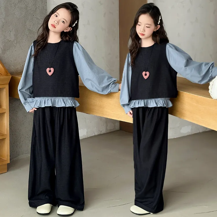 女童女孩秋装套装新款春秋洋气大童时尚休闲马甲衬衫阔腿裤三件套