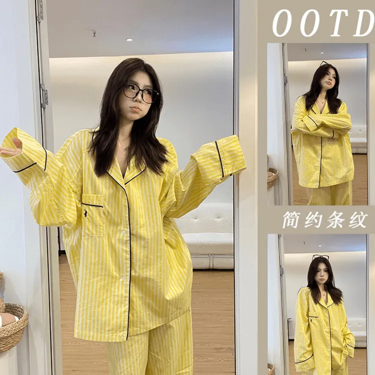ins风条纹睡衣女春秋季翻领简约韩版宽松学生长袖长裤家居服套装