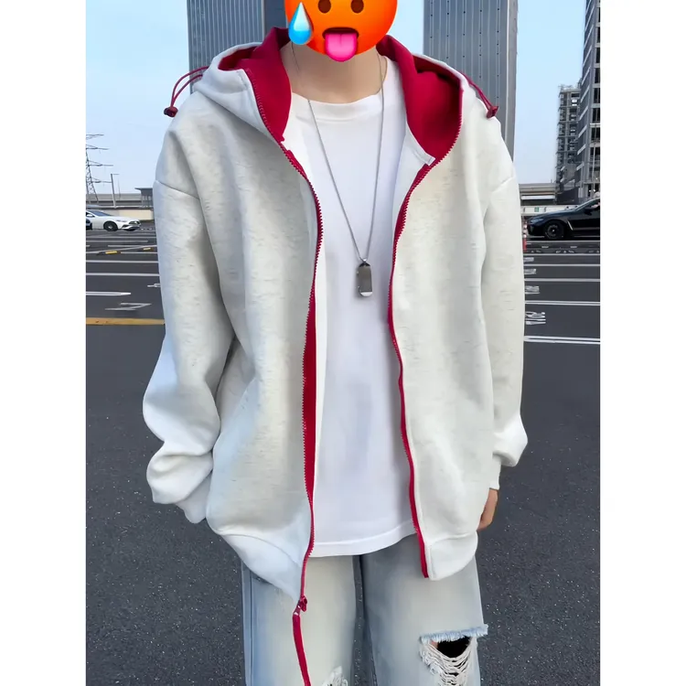 白花灰美式开衫卫衣男款连帽秋季重磅潮牌cleanfit高级感拉链外套