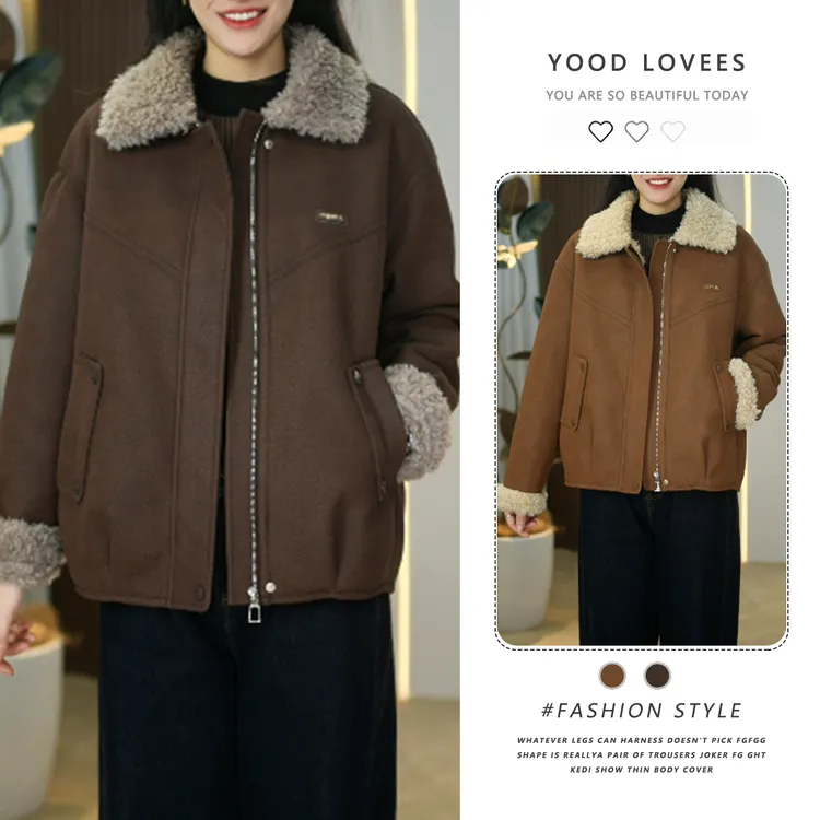 时尚轻奢短外套女2025冬季新款毛毛翻领加绒保暖显瘦夹克开衫潮