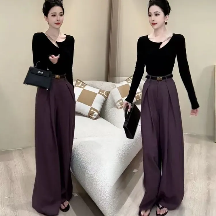 时尚套装女夏季新款设计感短袖T恤秋季长袖上衣高腰阔腿裤两件套