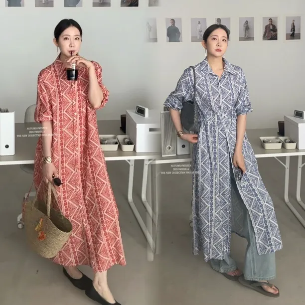 widelia春夏新款印花衬衫式收腰连衣裙7183韩系气质通勤长裙女装