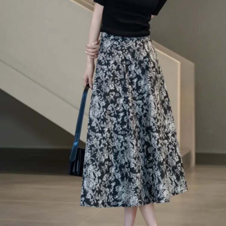 蝶恋花爆款女款优雅显瘦A字半裙百搭复古半身裙裙子夏季碎花高腰