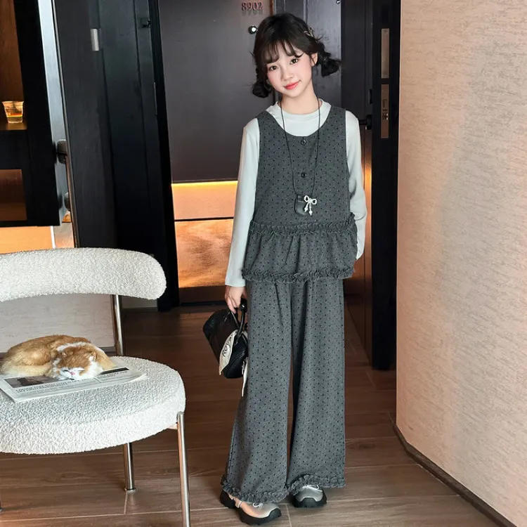 女童秋装韩版马甲打底衫套装女大童儿童秋装阔腿裤宽松波点三件套