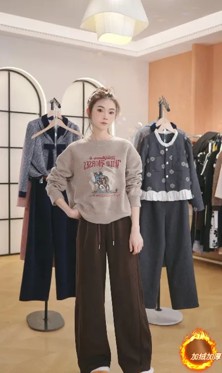 F3063【加绒加厚】棕色运动裤女春秋冬新款休闲卫裤直筒阔腿裤子