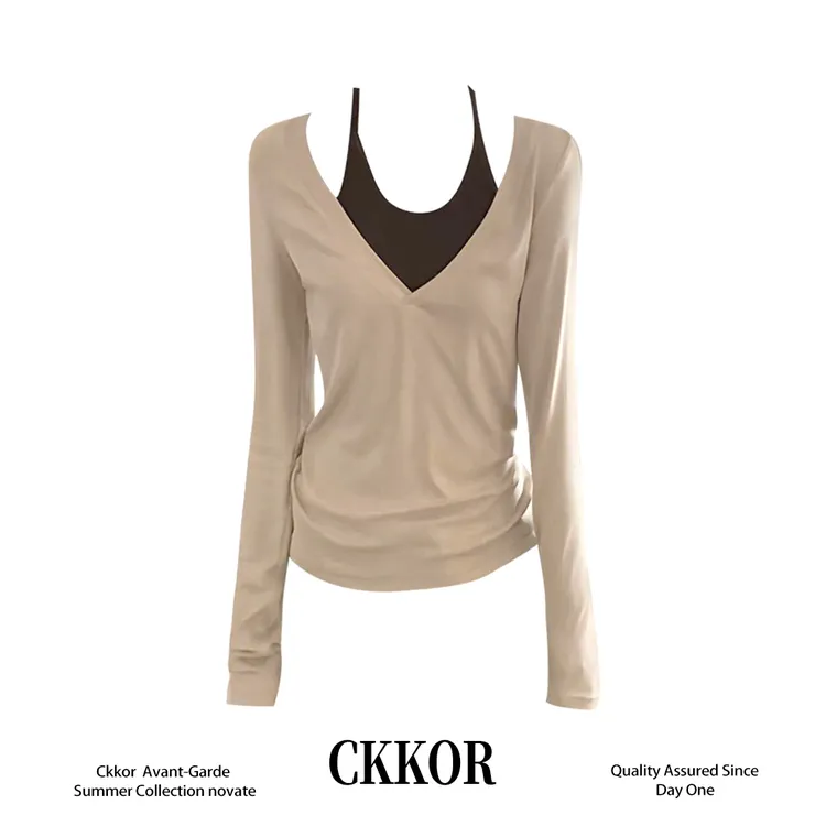 CKKOR春秋新款吊带v领长袖打底女短款修身显瘦酷飒风假两件上衣服