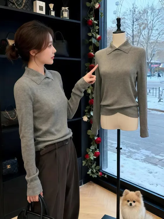 老钱风灰色polo领翻领长袖针织打底衫女秋冬气质毛衣内搭正肩上衣