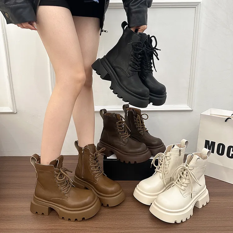 棕色英伦风机车短靴女2025早秋新款复古厚底增高外穿春秋