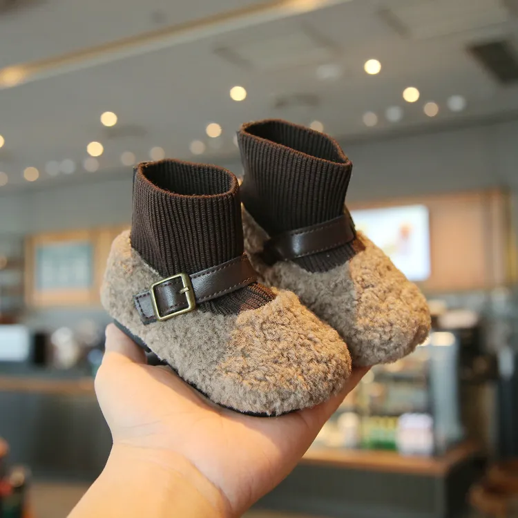 冬季女宝宝二棉鞋子加绒保暖一岁小童袜子鞋婴儿毛毛鞋软底学步鞋