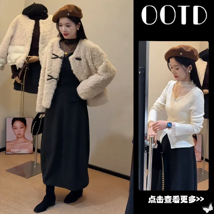 秋季流行穿搭一整套女2025新款蝴蝶结毛绒外套蕾丝衫半身裙三件套