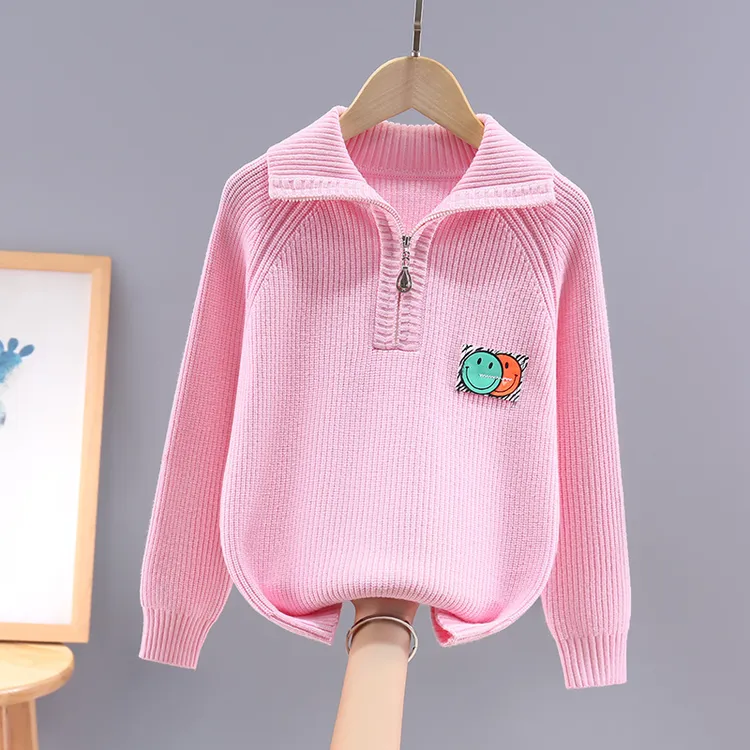 女童学生毛衣加绒加厚中大童翻领拉链针织衫儿童秋冬毛线衣服卡通
