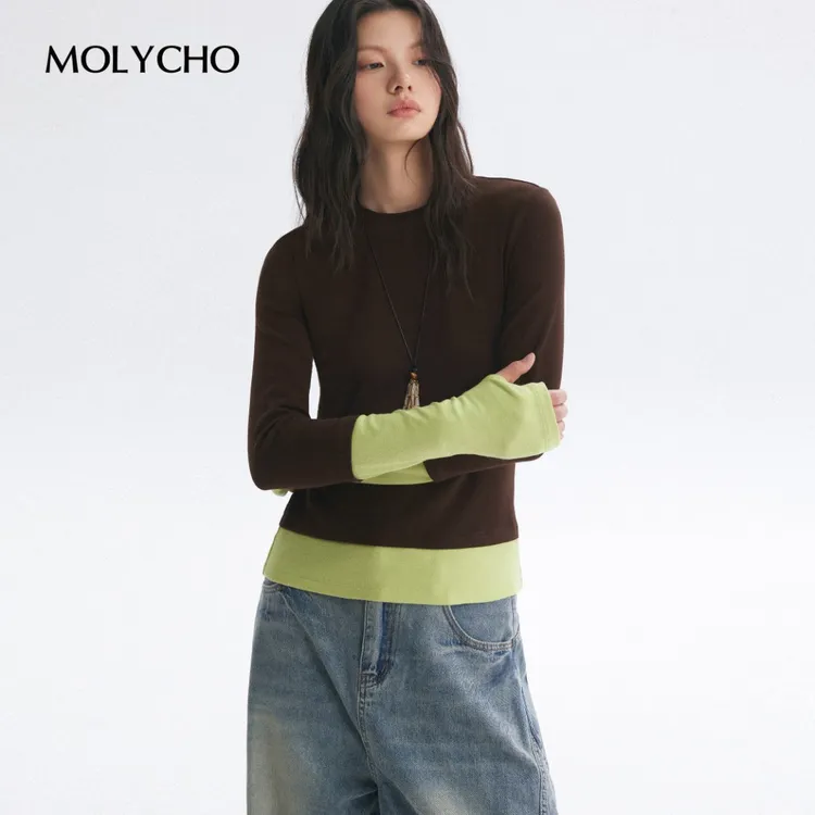 MOLYCHO | 色彩叠穿风/假两件拼接撞色长袖T恤女/修身打底衫上衣