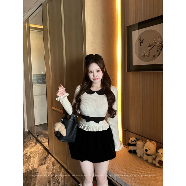 温与柔蔓蔓【中古香香】甜美肌理感娃娃领假两件黑拼杏花苞连衣裙