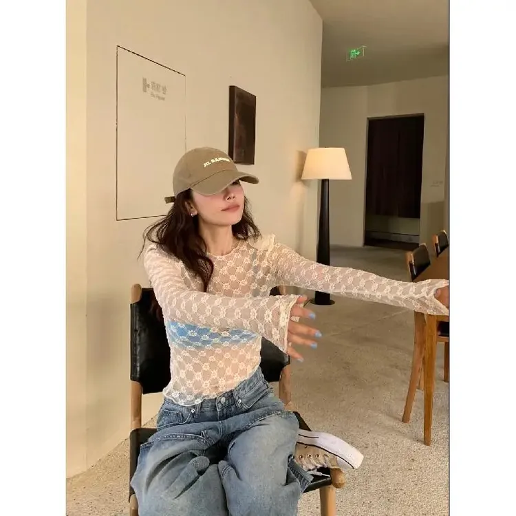 韩版蕾丝透视打底外穿长袖T恤女2025早秋新洋气辣妹炸街小众上衣
