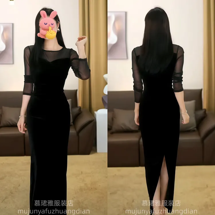 2025年秋季美式透感网纱黑色连衣裙收腰显瘦性感赫本风长裙女装