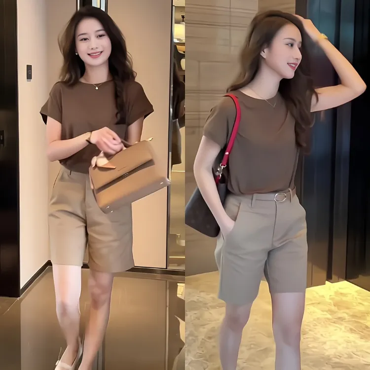 夏季流行穿搭一整套新款2025韩系气质时尚显瘦透气T恤短裤两件套
