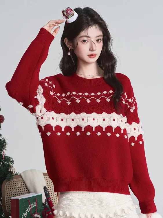 大码女装新年款撞色设计感针织衫秋冬新款甜美百搭长袖上衣5858