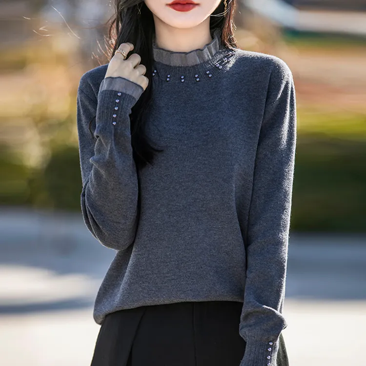 蕾丝打底衫女春秋2025新款洋气针织上衣大码女装秋冬内搭钉珠毛衣