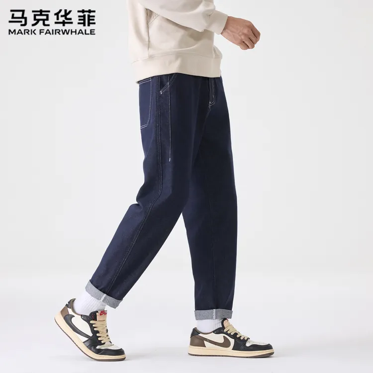 马克华菲不掉色锥形牛仔裤男春秋款日系复古原色水洗宽松直筒长裤