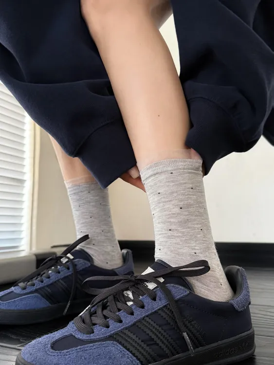 夏季miu灰色圆点袜子女薄棉质中筒袜花边波点少女芭蕾风长堆堆袜