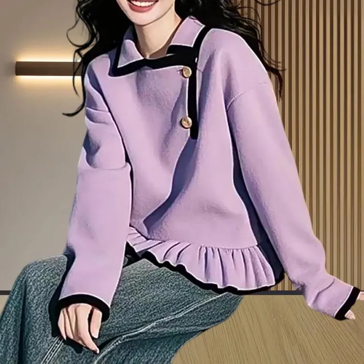 欧若风荷叶边翻领卫衣女春秋2025新款高级感韩式设计感上衣服