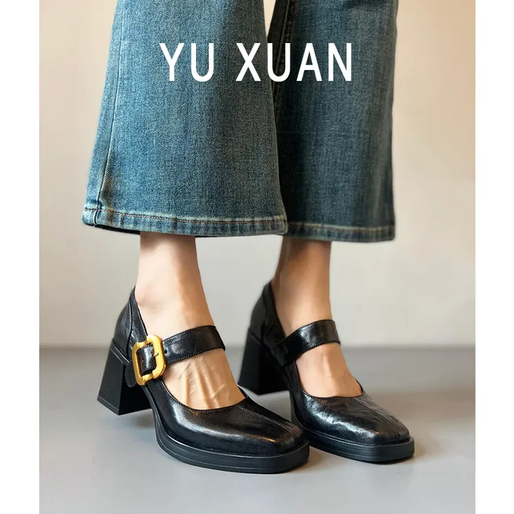羊皮版~高跟法式单鞋女绝美不累脚粗跟黑色工作鞋方头玛丽珍鞋女