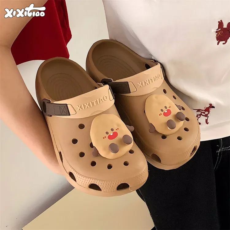 细细条 情侣可爱土豆diy洞洞鞋夏百搭防滑软底趣味拿铁色凉拖男女