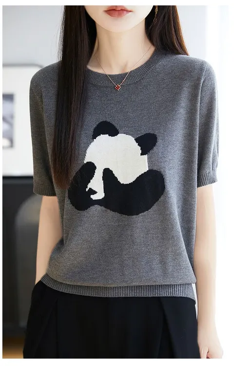 【夏季新款】2025新款卡通熊猫蝴蝶提花宽松刺绣洋气百搭打底短袖