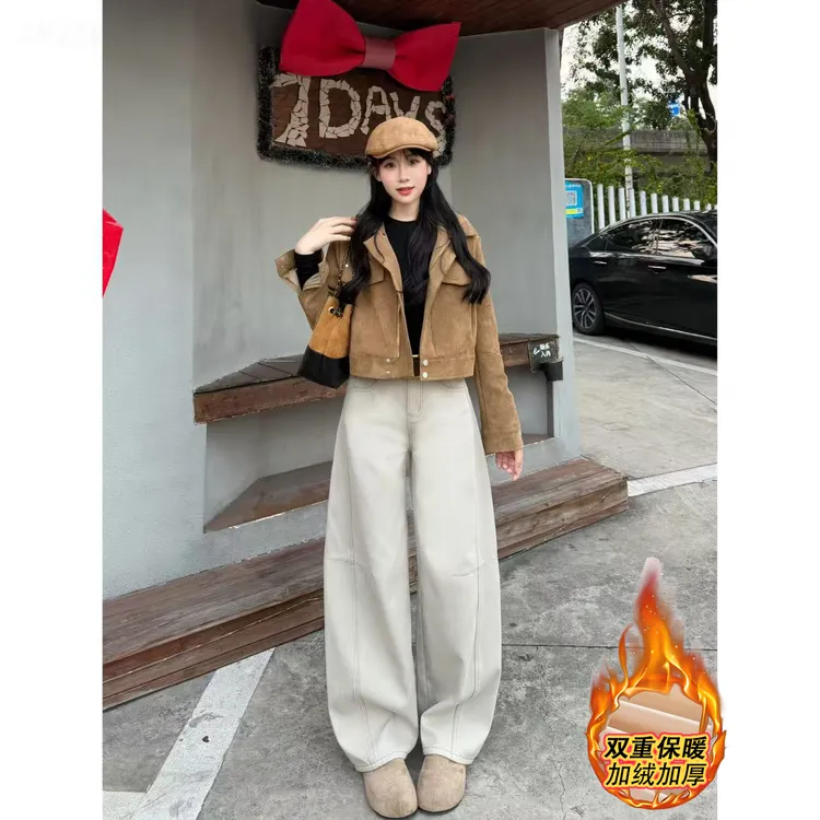 明月灰复古弯刀加绒阔腿裤女2025冬季新款高腰宽松显瘦拖地长裤