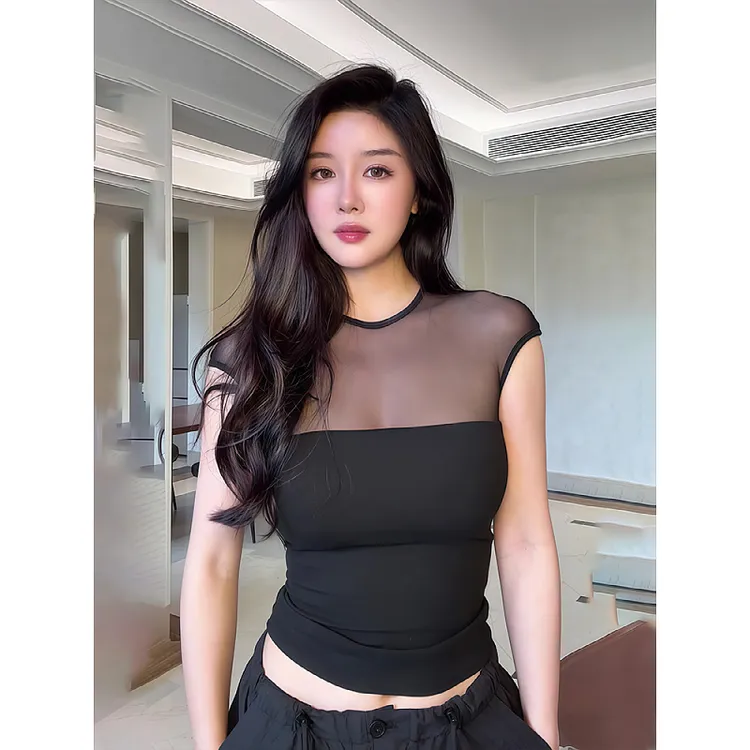 大码纯欲风辣妹微透短袖t恤女夏季新款修身显瘦网纱拼接黑色上衣
