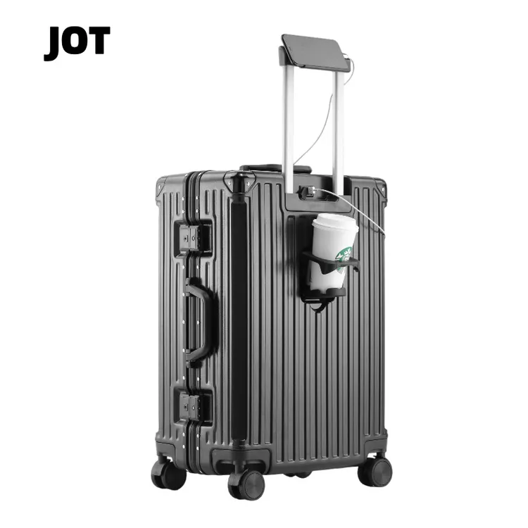 普通密码锁加厚大容量旅行箱多功能USB充电拉杆箱 杯架铝框行李箱