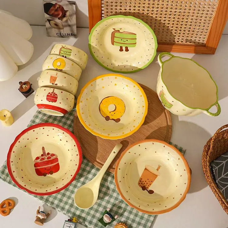 【茶语甜心】奶油风陶瓷釉下彩米饭碗圆盘深盘汤碗套装创意