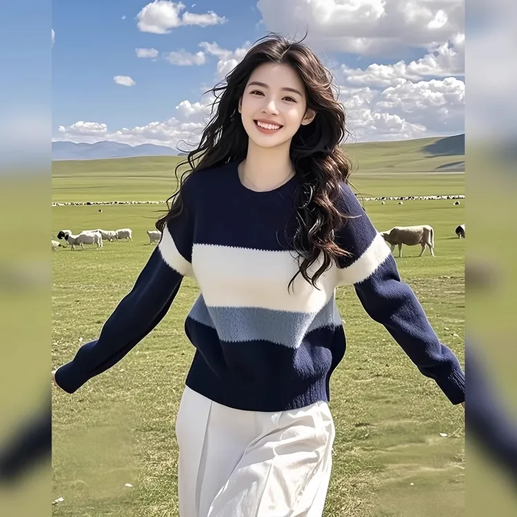 撞色拼接条纹内搭针织毛衣女2025新款深秋初冬季慵懒风高级感上衣