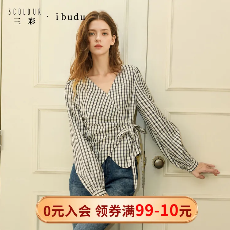 三彩ibudu2025冬季新款格纹小衫V领绑带长袖衬衣设计感女