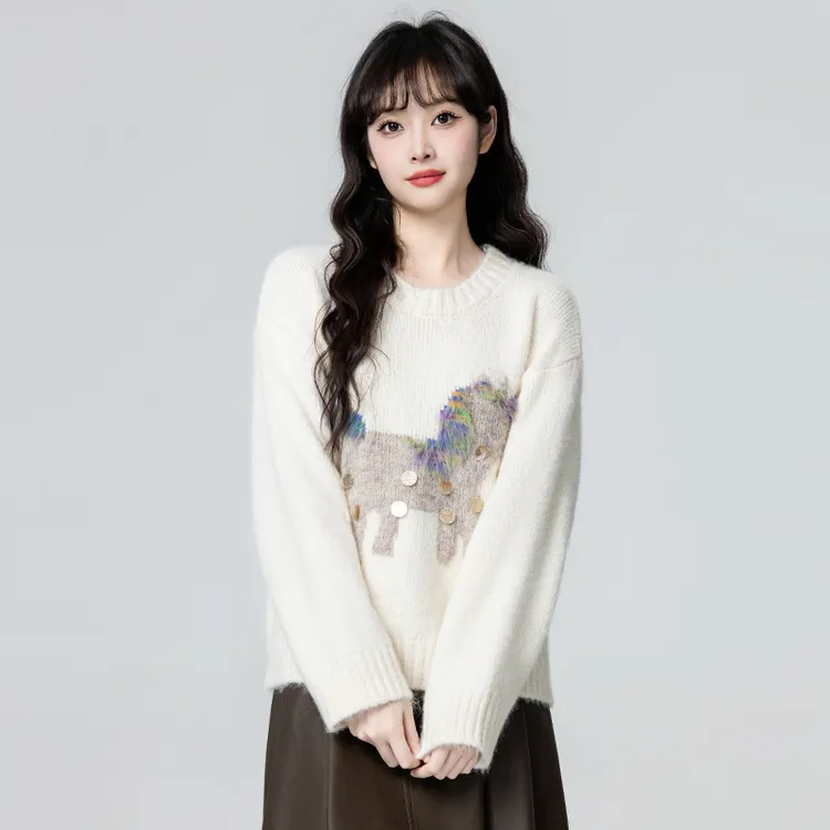 白色加厚圆领毛衣女秋冬2025冬季新款卡通套头针织衫内搭短款上衣