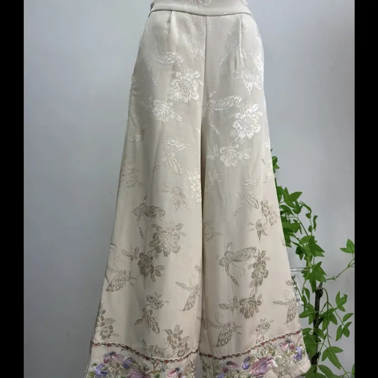 冬季新款新中式国风复古加绒高腰刺绣直筒裤女宽松百搭休闲裤056